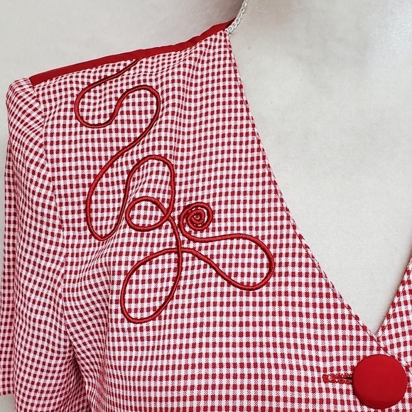 𝅺BRIOCHE 80s Vintage Red Gingham Plaid Cropped Jacket Tie Pleated Wiggle Dress - Picture 6 of 16